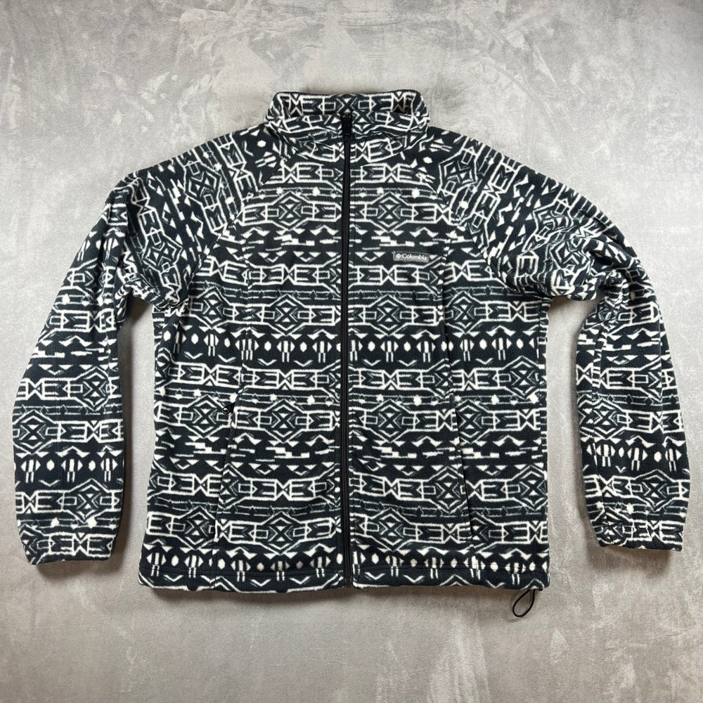 Columbia Womens XL Black White Geometric Tribal Fleece Full Zip Jacket